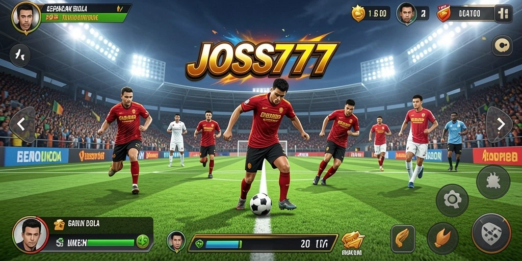 Tampilan gameplay menegangkan dari JOSS777 saat tim bertanding di lapangan sepak bola.
