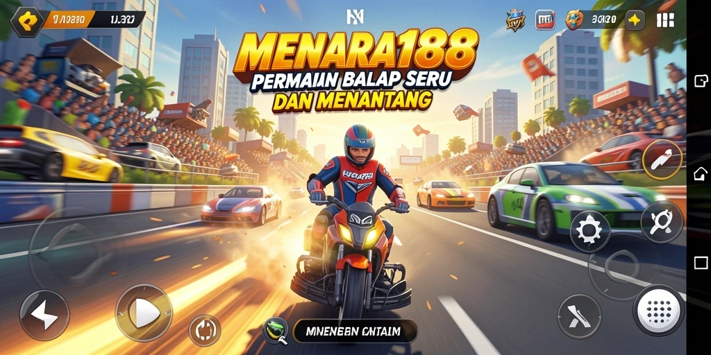 Screenshot MENARA188 menampilkan balapan mendebarkan dengan mobil balap di trek.