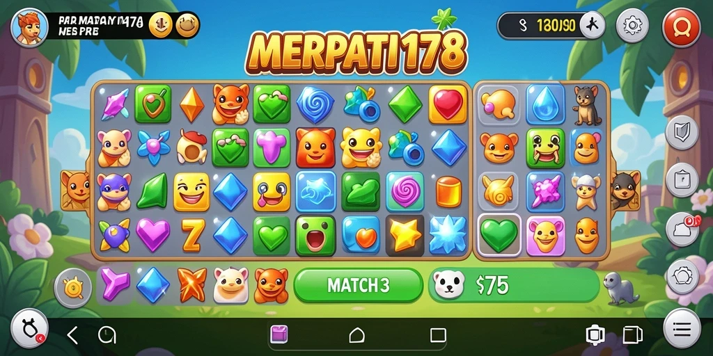 Screenshot gameplay MERPATI178 dengan tampilan mencocokkan objek Match-3.