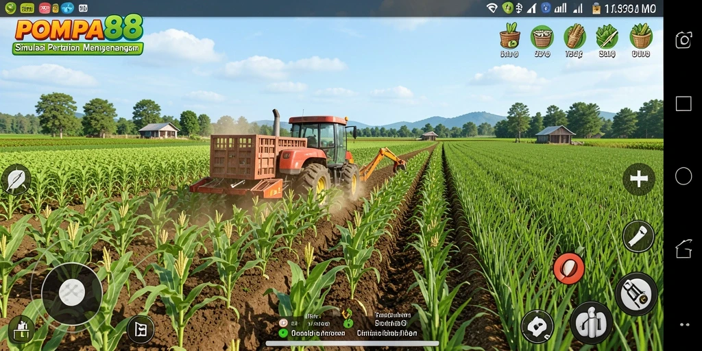 Gambaran gameplay POMPA88 dengan tanaman yang subur dan alat pertanian.