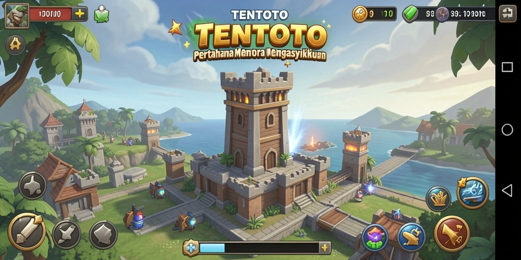 Gameplay TENTOTO dengan menara pertahanan yang strategis dan serangan musuh.